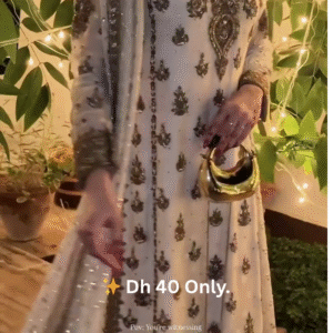 ✨ Ivory & Gold Heavily Embroidered Anarkali Suit Set – Dh 40 Only