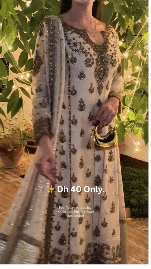 ✨ Ivory & Gold Heavily Embroidered Anarkali Suit Set – Dh 40 Only