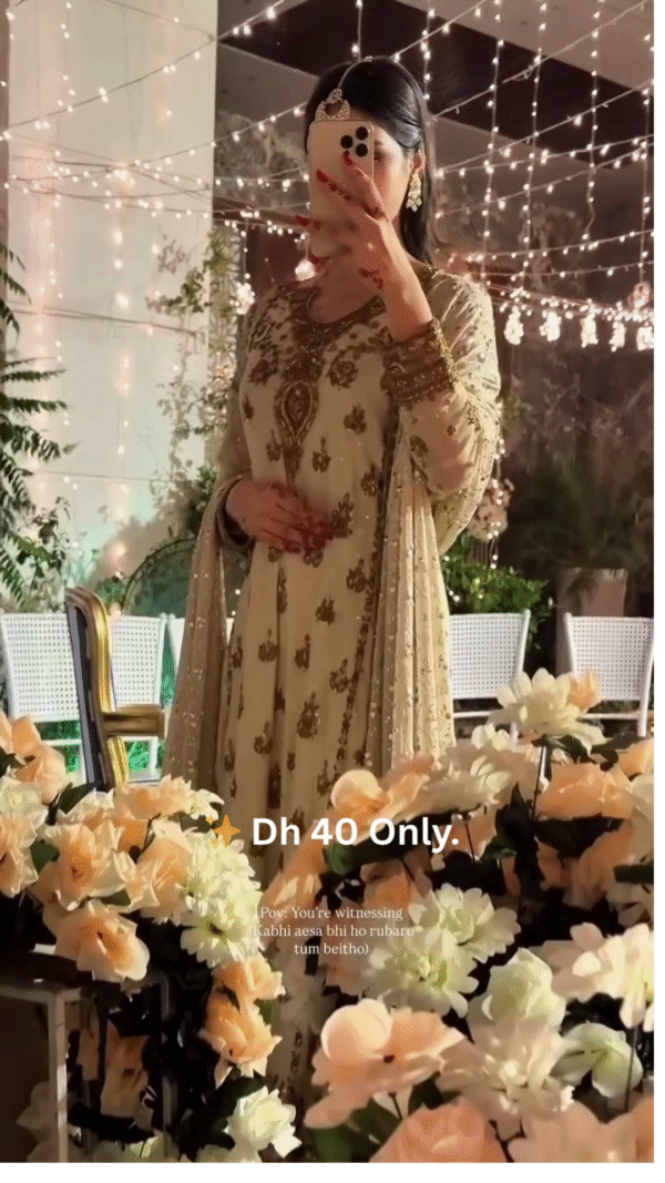 ✨ Ivory & Gold Heavily Embroidered Anarkali Suit Set – Dh 40 Only - Image 3