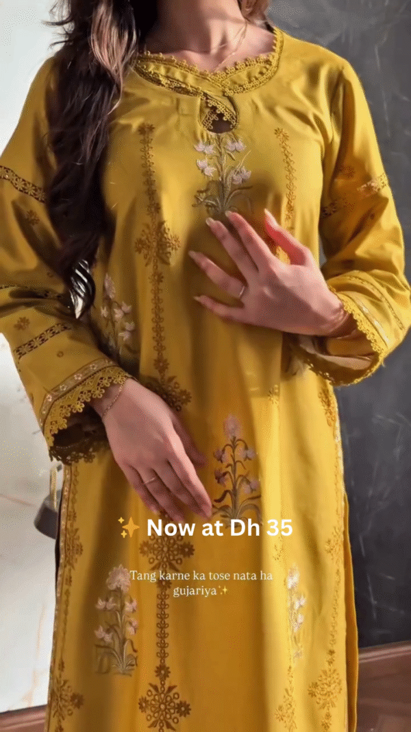 💛Mustard Yellow Floral Printed Lawn Suit with Dupatta – Now at Dh 35 Only - Image 4
