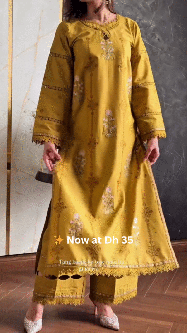 💛Mustard Yellow Floral Printed Lawn Suit with Dupatta – Now at Dh 35 Only - Image 3