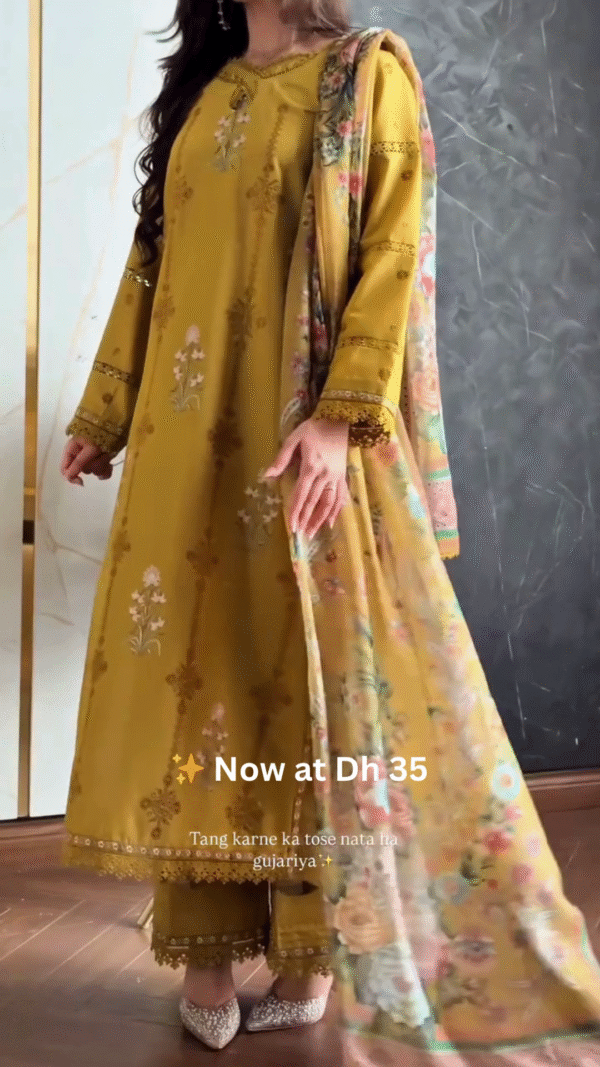 💛Mustard Yellow Floral Printed Lawn Suit with Dupatta – Now at Dh 35 Only - Image 2