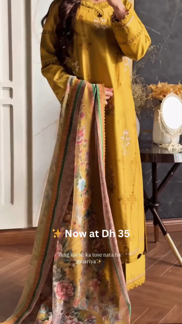 💛Mustard Yellow Floral Printed Lawn Suit with Dupatta – Now at Dh 35 Only
