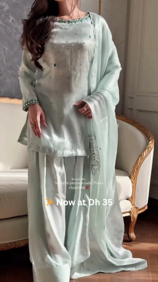 Pastel Mint Green Mirror Work Palazzo Suit Set – Now at Dh 35 Only