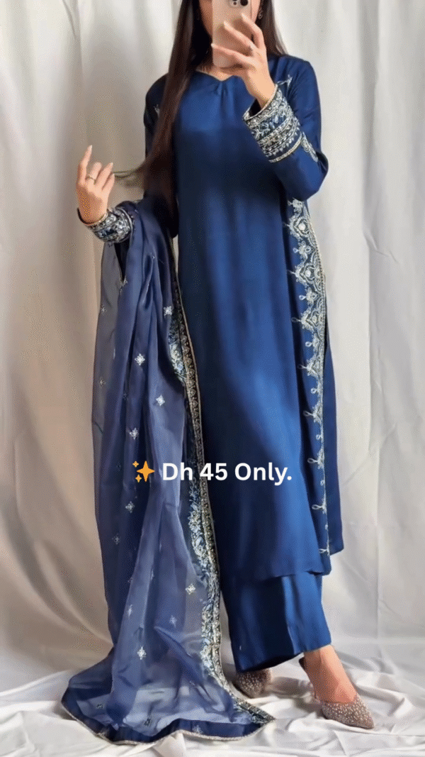 Elegant Navy Blue Straight-Cut Embroidered Suit Set