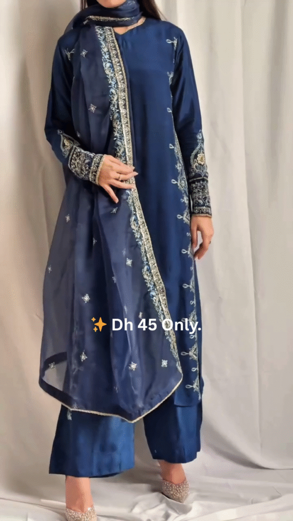 Elegant Navy Blue Straight-Cut Embroidered Suit Set - Image 5