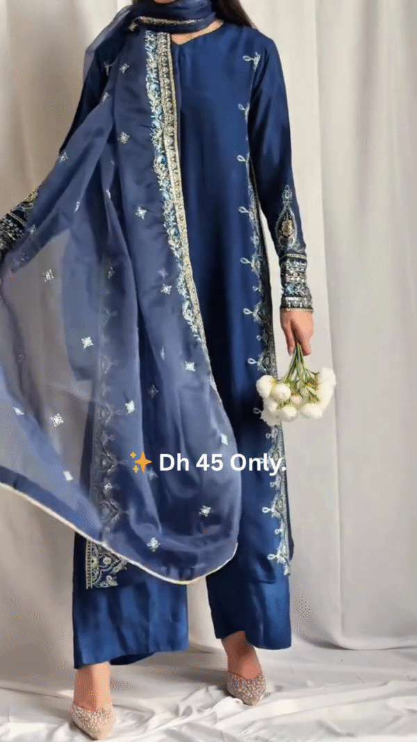 Elegant Navy Blue Straight-Cut Embroidered Suit Set - Image 4