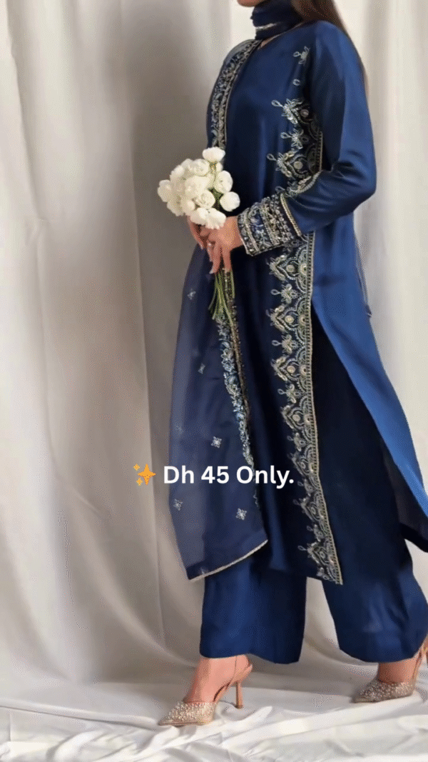 Elegant Navy Blue Straight-Cut Embroidered Suit Set - Image 2
