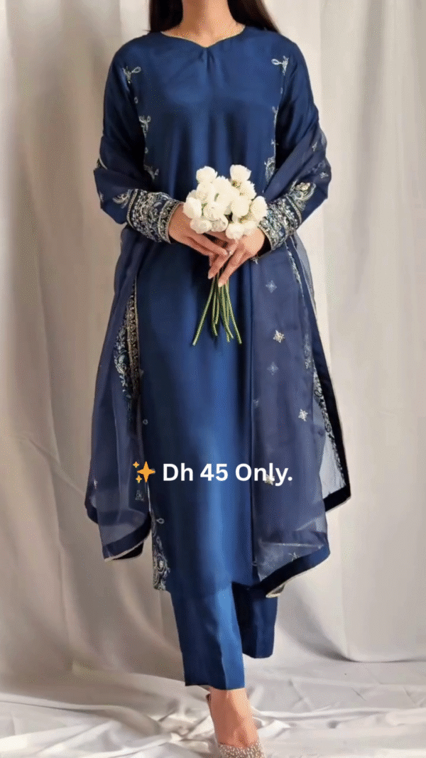 Elegant Navy Blue Straight-Cut Embroidered Suit Set - Image 3